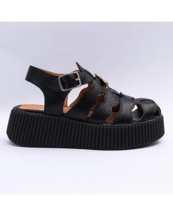 Sandale dama din piele naturala cu accesoriu, negru bizonat, Negru