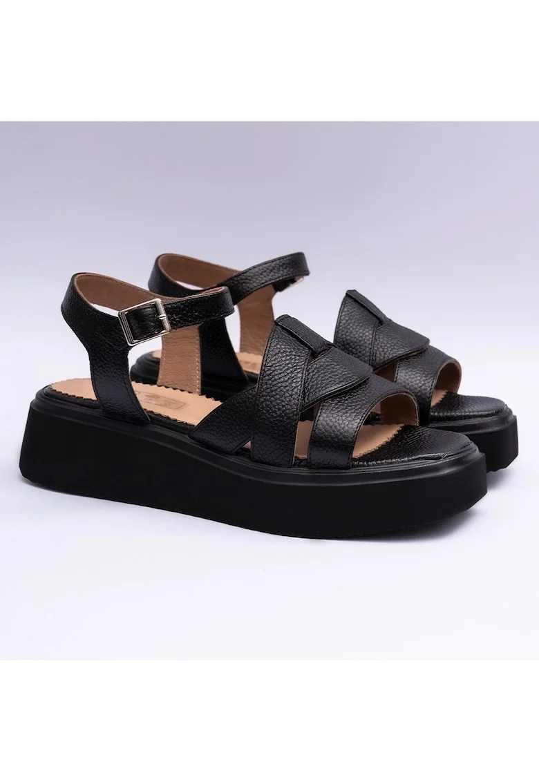 Sandale dama cu barete din piele naturala, negre, Negru