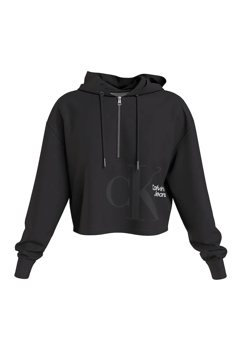 Hanorac relaxed fit cu fermoar scurt, Negru