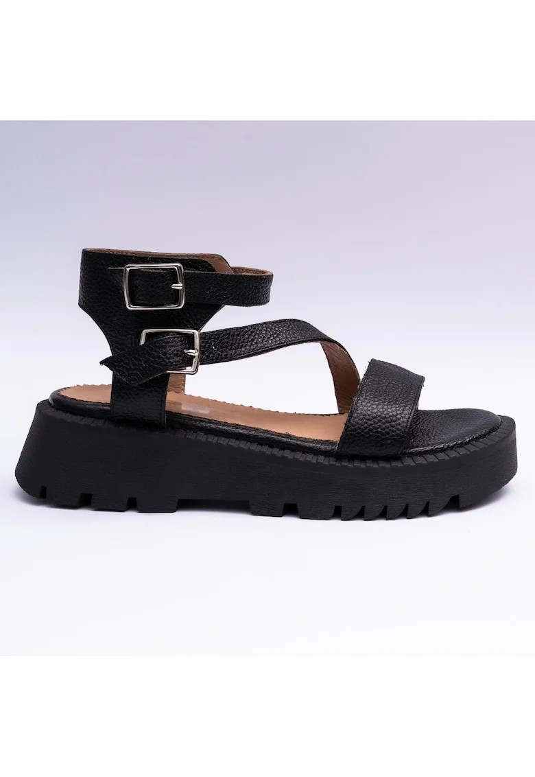 Sandale dama din piele naturala cu barete, negre, Negru