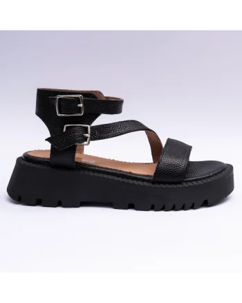Sandale dama din piele naturala cu barete, negre, Negru