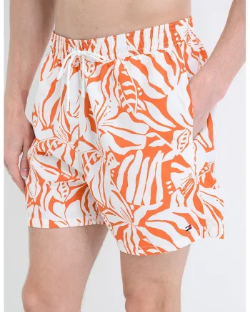 Pantaloni scurti de baie cu model si buzunare laterale, Alb/Portocaliu