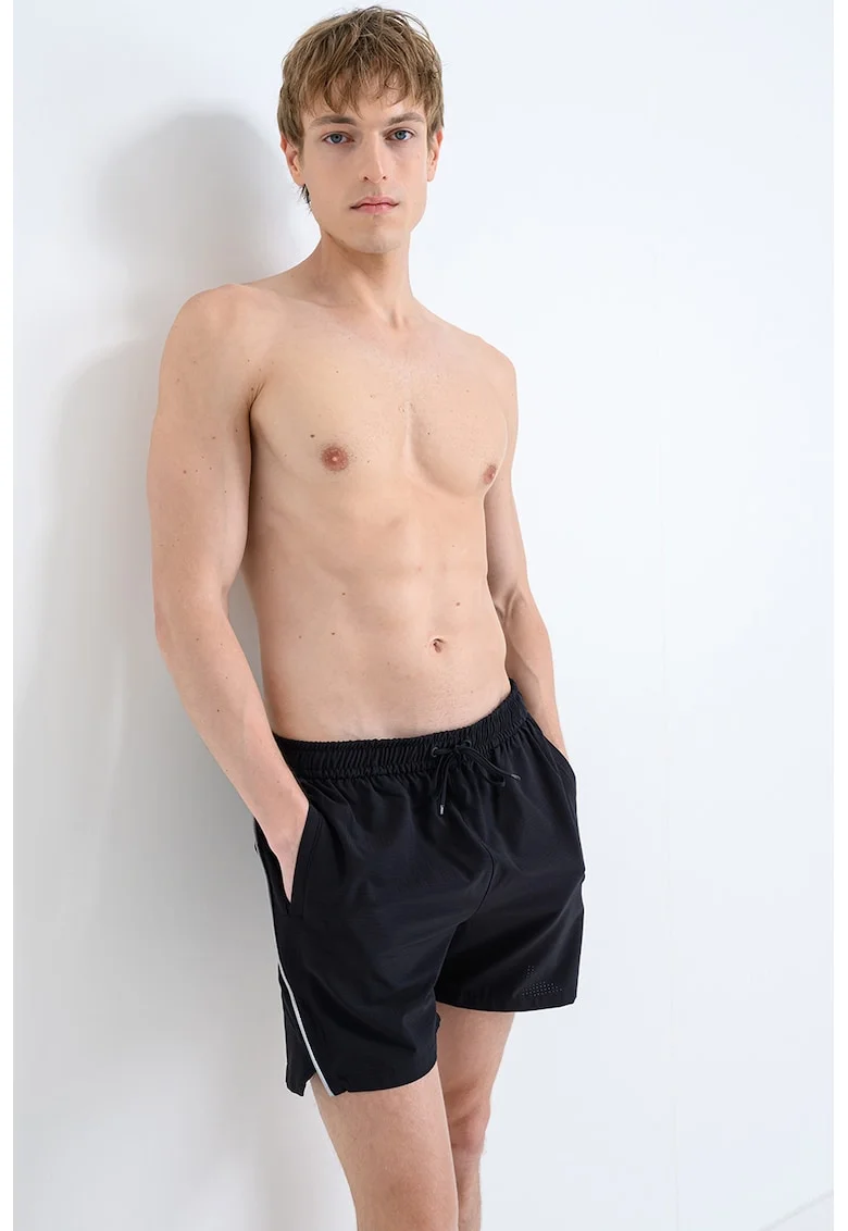 Pantaloni scurti de baie cu insertii contrastante, Negru