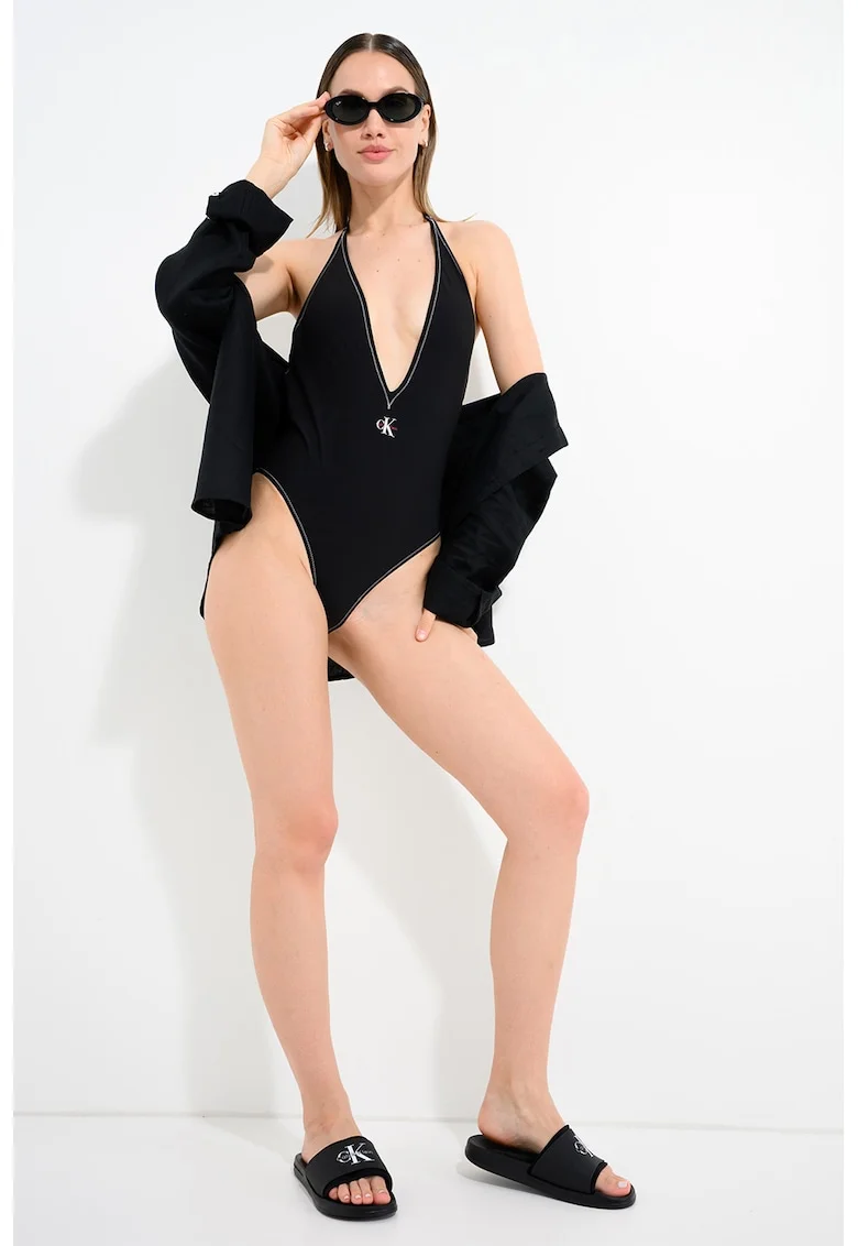 Costum de baie intreg cu decolteu adanc, Negru