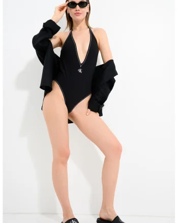 Costum de baie intreg cu decolteu adanc, Negru