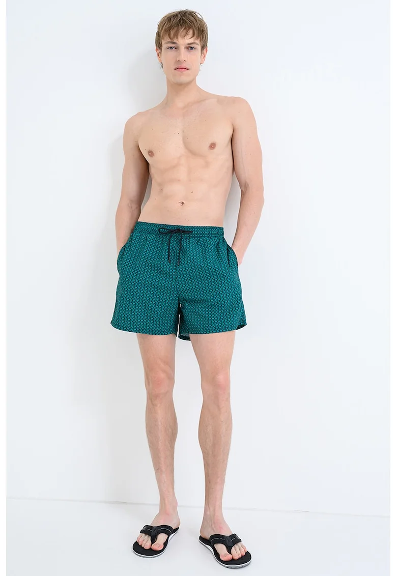 Pantaloni scurti de baie cu model si buzunare laterale, Verde/Negru