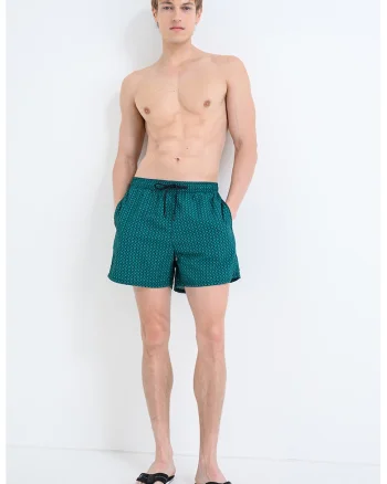 Pantaloni scurti de baie cu model si buzunare laterale, Verde/Negru