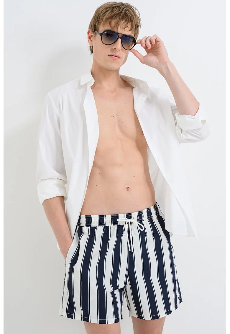 Pantaloni scurti de baie cu model si buzunare laterale, Alb/Albastru ultramarin