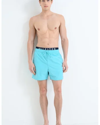 Pantaloni scurti de baie cu banda logo in talie, Turcoaz