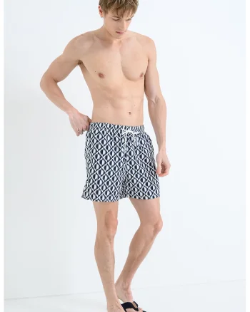 Pantaloni scurti de baie cu model si buzunare laterale, Alb/Albastru oceanic