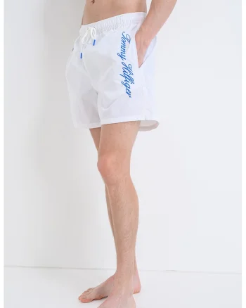 Pantaloni scurti de baie cu imprimeu logo, Alb