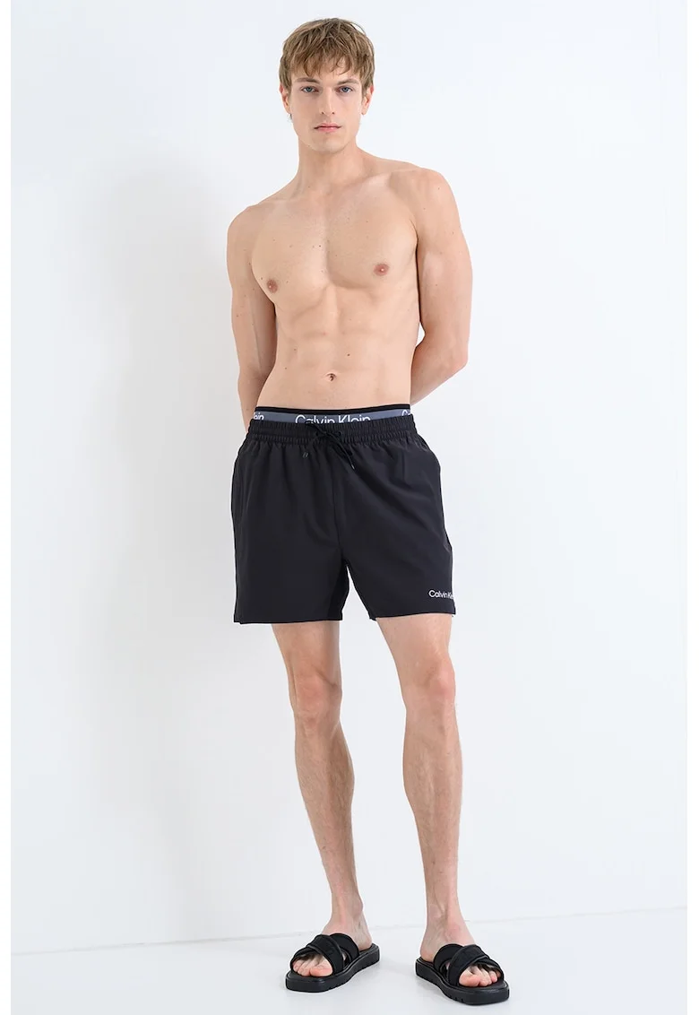 Pantaloni scurti de baie cu banda dubla in talie, Negru