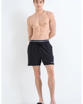 Pantaloni scurti de baie cu banda dubla in talie, Negru