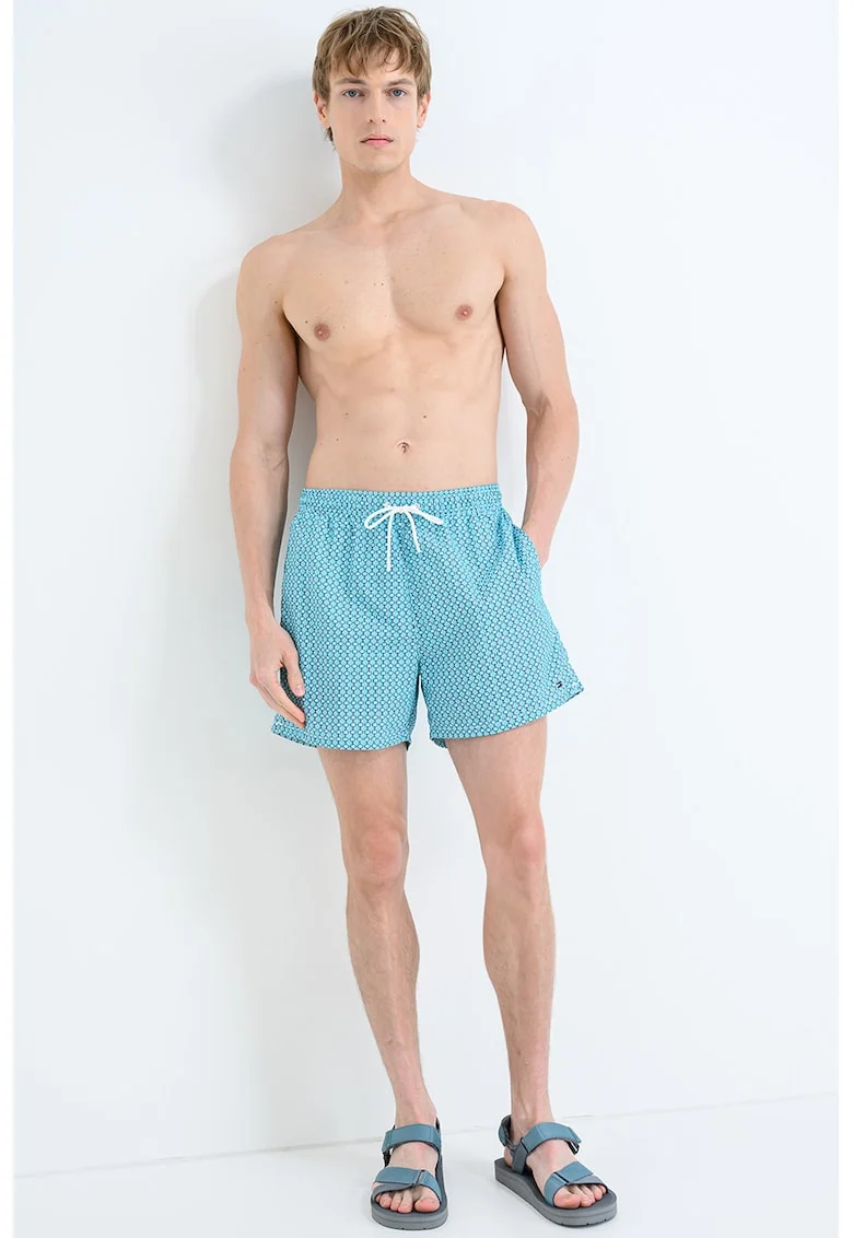 Pantaloni scurti de baie cu model si buzunare laterale, Alb/Turcoaz