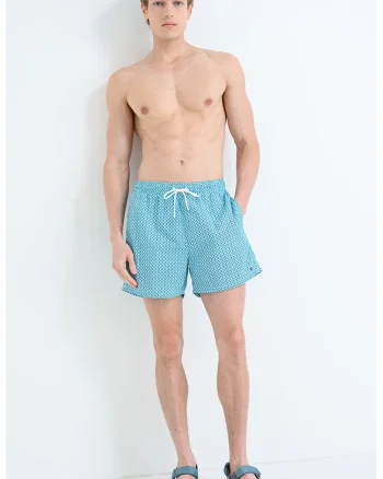Pantaloni scurti de baie cu model si buzunare laterale, Alb/Turcoaz