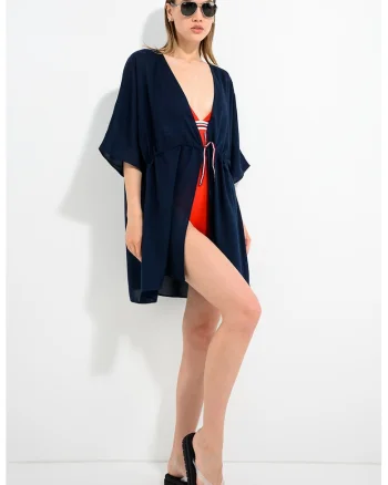 Caftan scurt din lyocell, Bleumarin