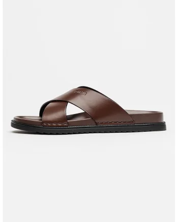 Papuci de piele cu barete incrucisate, Maro cognac