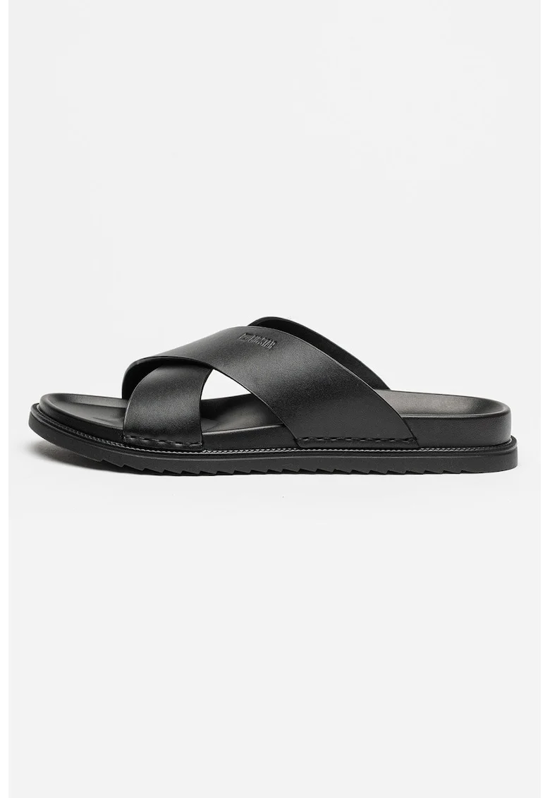 Papuci de piele cu barete incrucisate, Negru