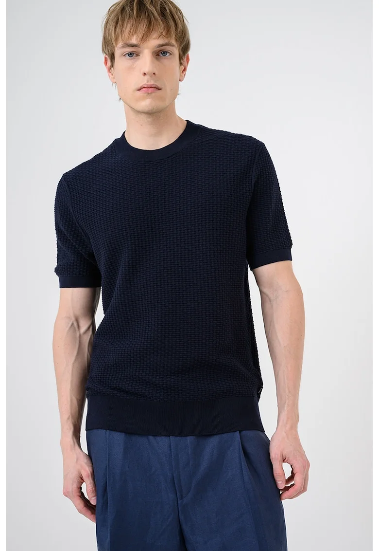 Tricou cu decolteu la baza gatului si aspect texturat Nilton, Albastru ultramarin