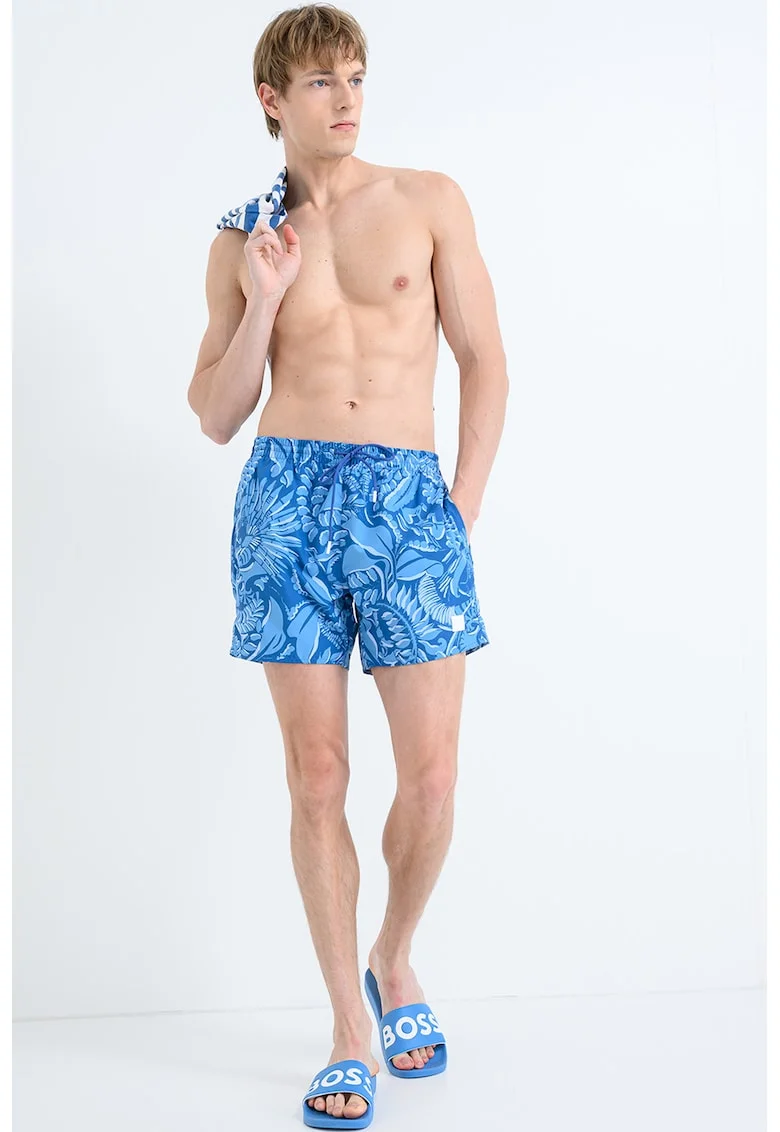 Pantaloni scurti de baie cu imprimeu tropical Piranha, Albastru deschis