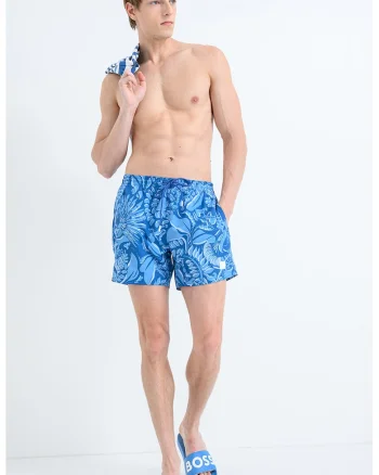 Pantaloni scurti de baie cu imprimeu tropical Piranha, Albastru deschis