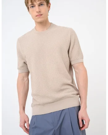 Tricou cu decolteu la baza gatului si aspect texturat Nilton, Maro camel