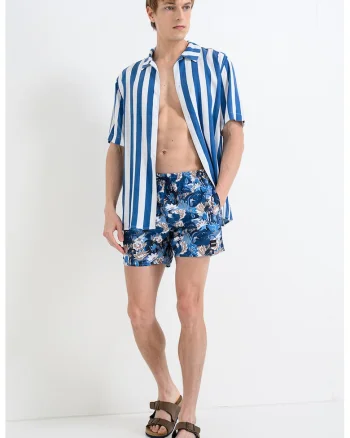 Pantaloni scurti de baie cu imprimeu tropical Piranha, Bej/Albastru