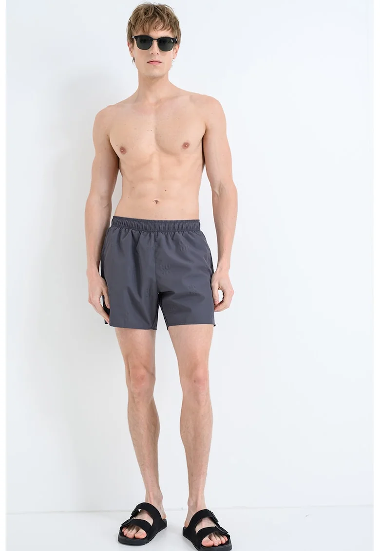 Pantaloni scurti de baie cu talie elastica si model uni, Gri inchis