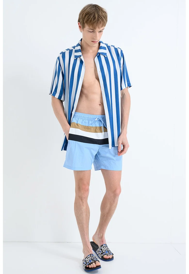 Pantaloni scurti de baie cu snur in talie si model in dungi Louis, Albastru pastel/Negru