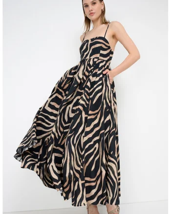 Rochie maxi cu buzunare Kumare, Negru/Maro camel