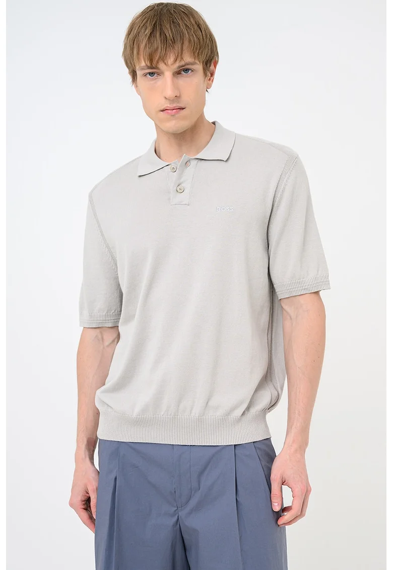Tricou polo tricotat fin Asac, Gri deschis