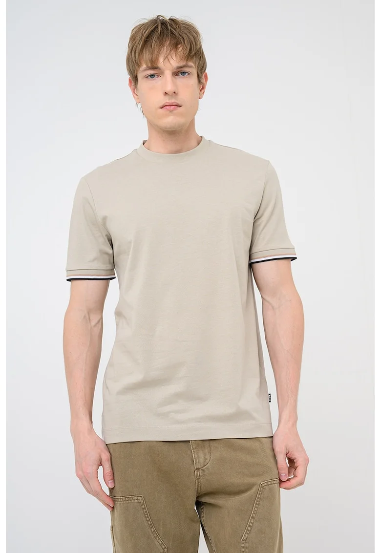 Tricou de bumbac cu mansete contrastante, Maro camel
