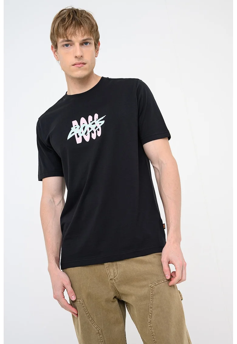 Tricou de bumbac cu imprimeu logo, Negru