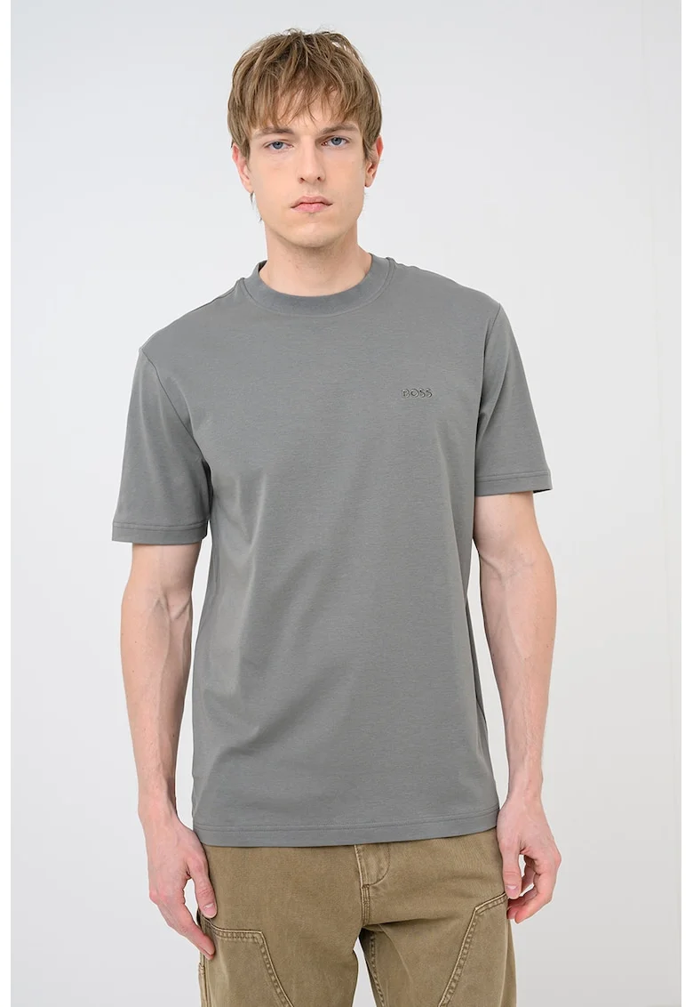 Tricou cu decolteu la baza gatului si logo brodat Interlock, Verde stins