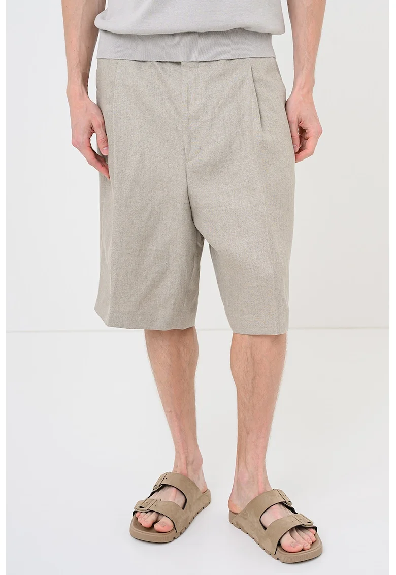 Pantaloni scurti relaxed fit din in cu pliuri frontale Felino, Maro camel