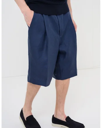 Pantaloni scurti relaxed fit din in cu pliuri frontale Felino, Bleumarin