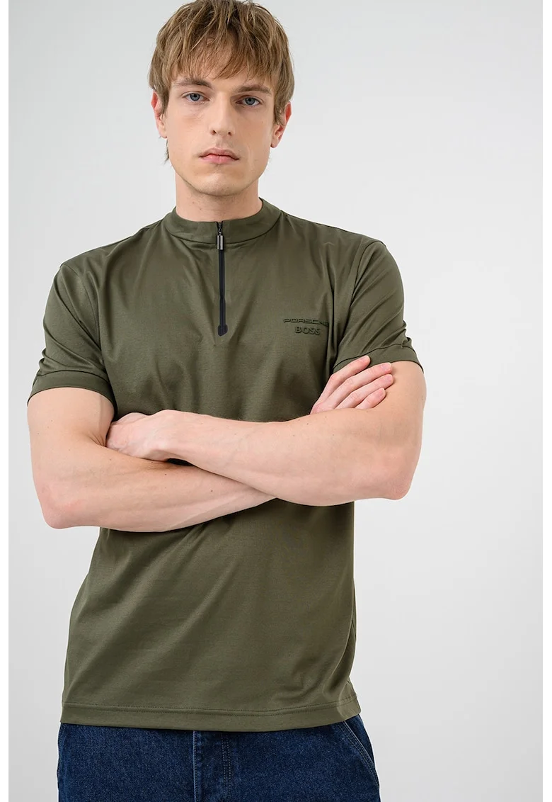 Tricou de bumbac cu fenta cu fermoar, Verde padure