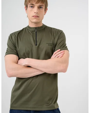 Tricou de bumbac cu fenta cu fermoar, Verde padure