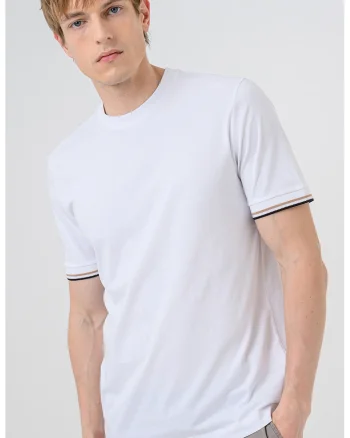 Tricou de bumbac cu mansete contrastante, Alb optic