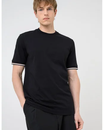 Tricou de bumbac cu mansete contrastante, Negru