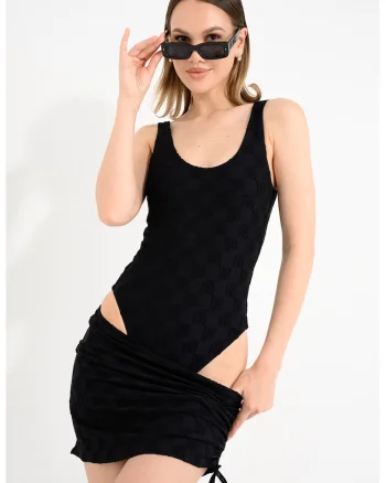 Costum de baie intreg cu model logo, Negru