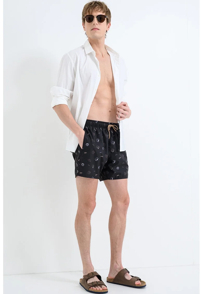 Pantaloni scurti de baie cu snur in talie, Negru