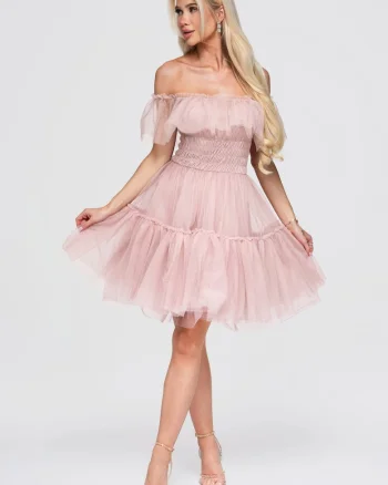 Rochie eleganta din tul roz, cu umeri goi si volane delicate, Roz,