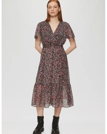 Rochie midi cu imprimeu floral, Rosu/Negru/Verde menta