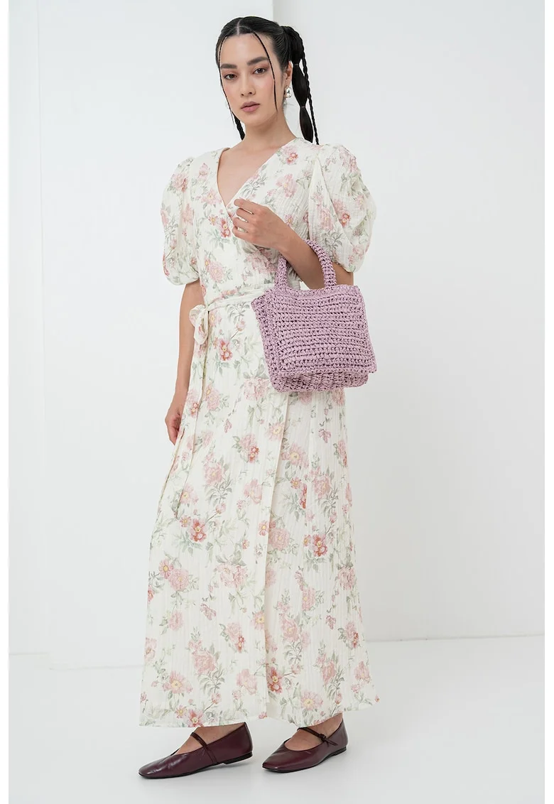 Rochie maxi cu cordon in talie, maneci bufante si model floral, Verde pal/Roz prafuit