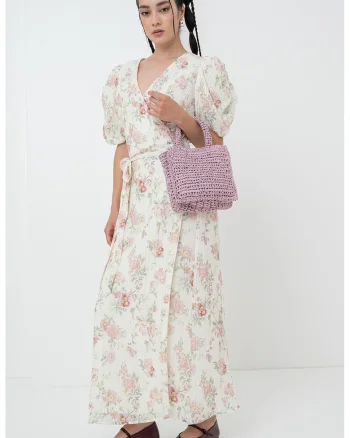 Rochie maxi cu cordon in talie, maneci bufante si model floral, Verde pal/Roz prafuit