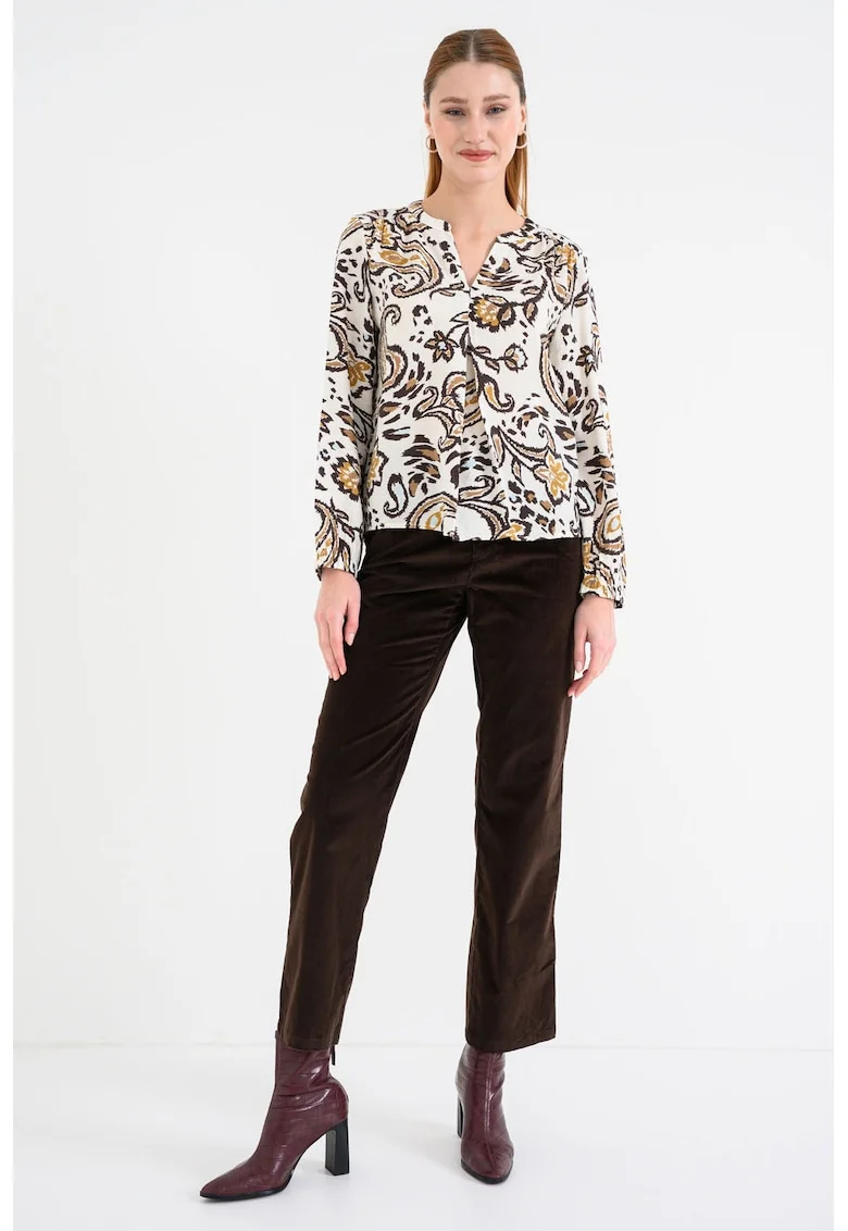 Bluza lejera cu decolteu in V, Maro inchis/Alb fildes/Maro camel