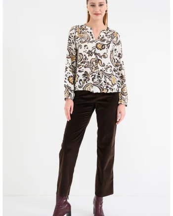 Bluza lejera cu decolteu in V, Maro inchis/Alb fildes/Maro camel
