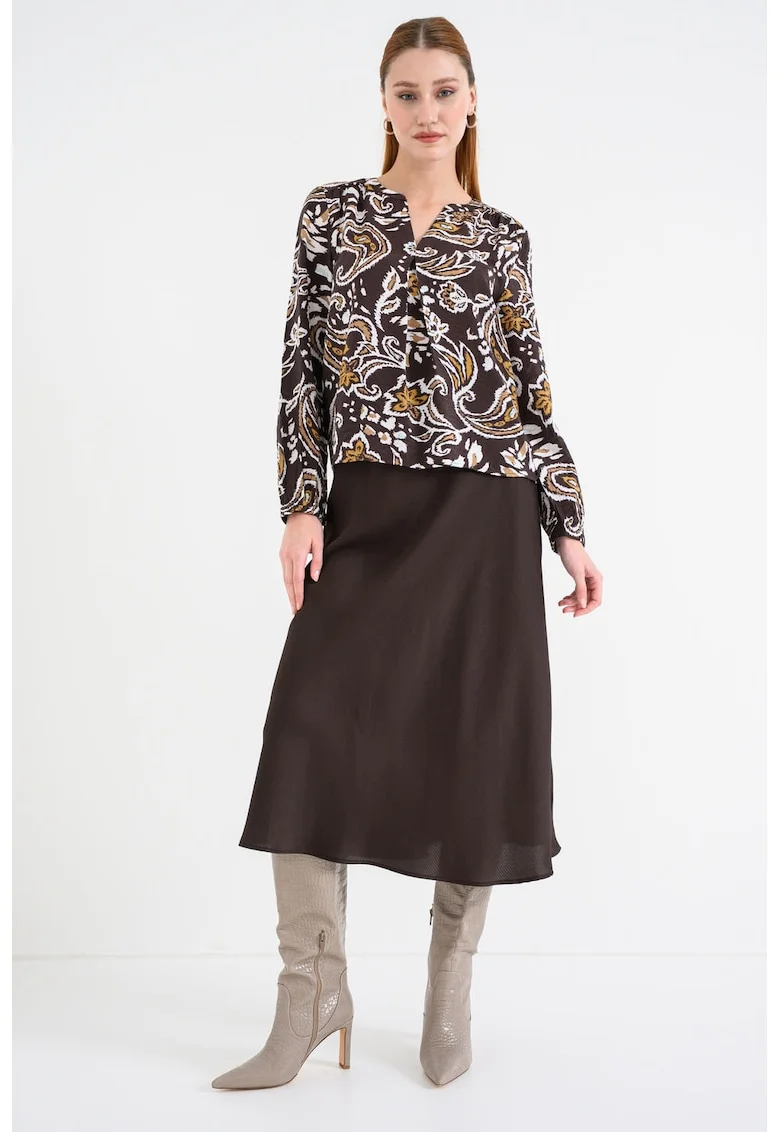 Bluza lejera cu decolteu in V, Alb/Maro inchis/Galben mustar
