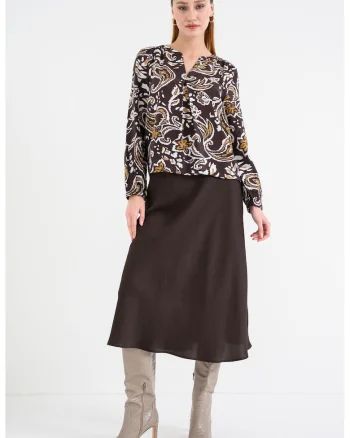 Bluza lejera cu decolteu in V, Alb/Maro inchis/Galben mustar